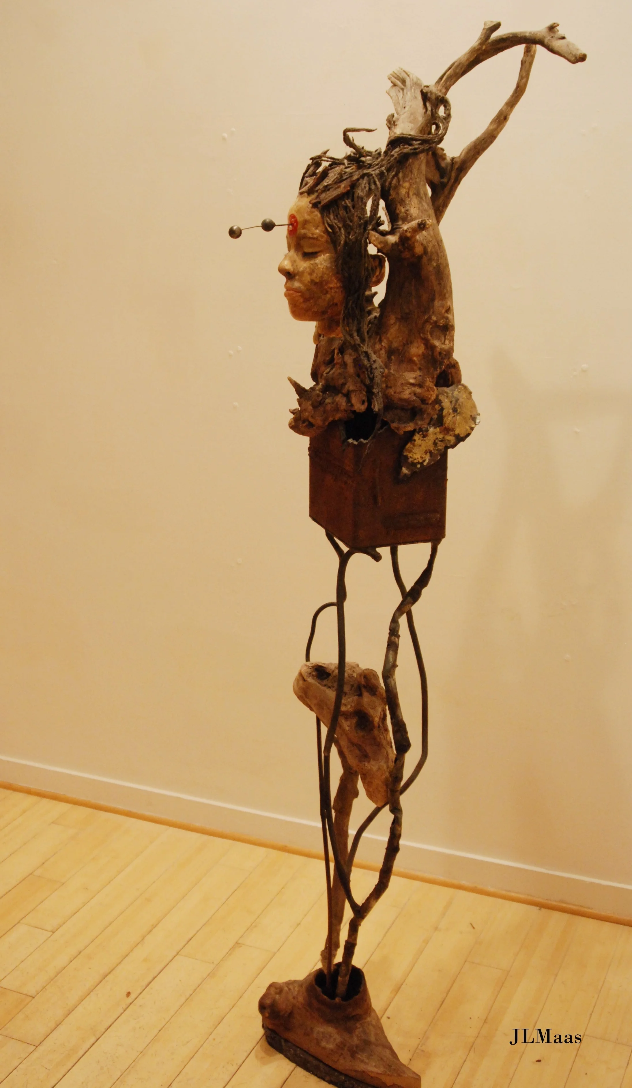 '...and then the mask fell' steel, bronze, foam, twine, paint, glue, wood. By Jenny Lee Maas
