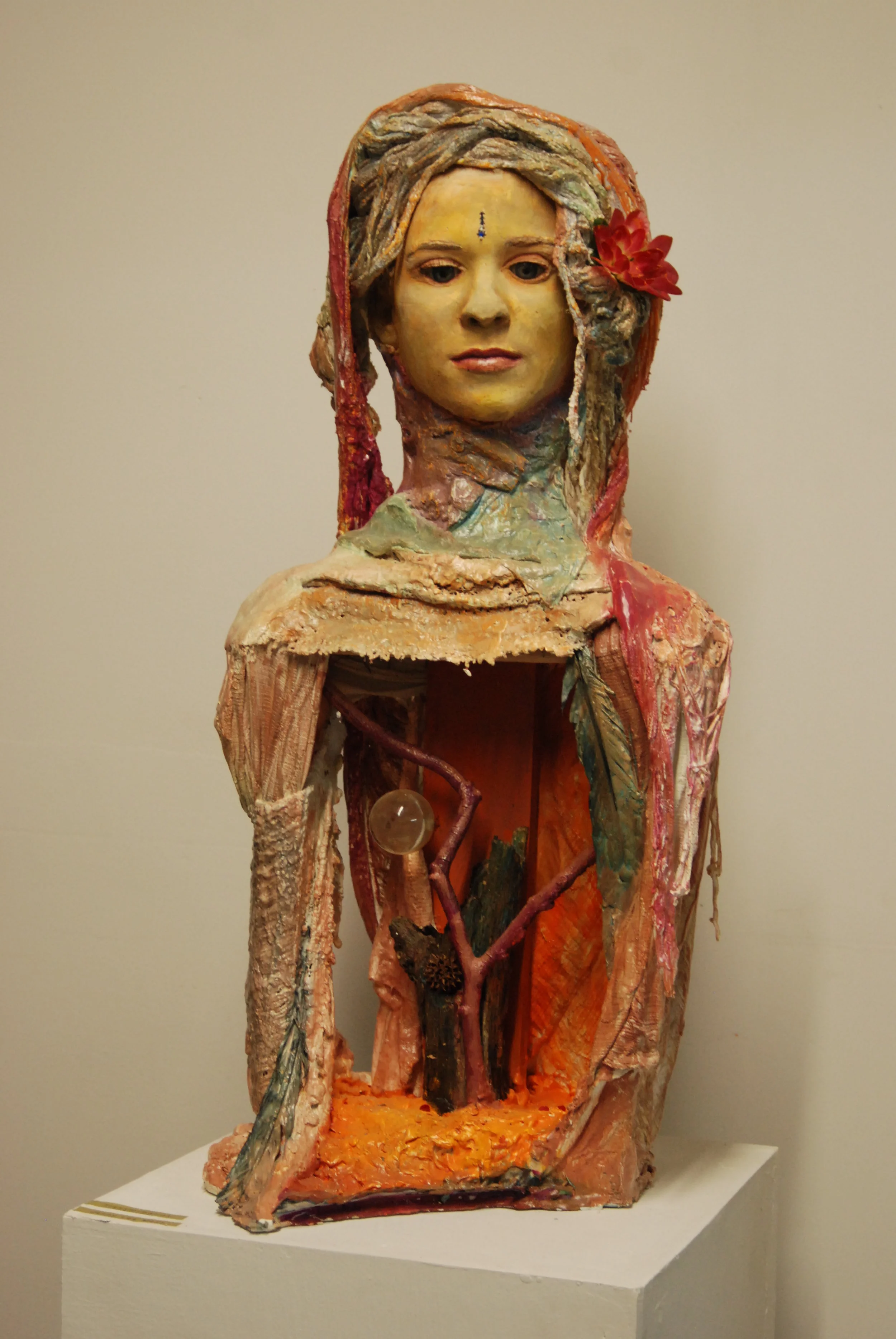 'Awakening Series; Transformation'. made of wood, hydro-cal, glass, wire, plastic, paint, fabric. By Jenny Lee Maas