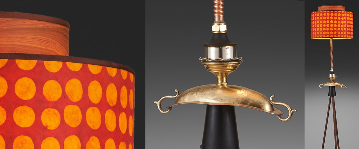  Lamp with orange and red shade by Susan Icove. 