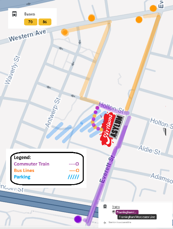 A map depicting routs from public transit and parking spaces for Artisans Asylum, address is 96 Holton St, Boston, MA 02135