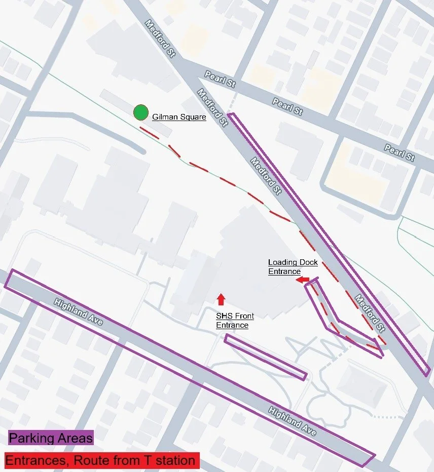 A map of the Somerville Highschool area with parkign for Fabville highlighted along highlands ave and medford street. there is a dotted line alogn the path from Gilman Square Green Line station leading south east towards the rear entrance of Fabville