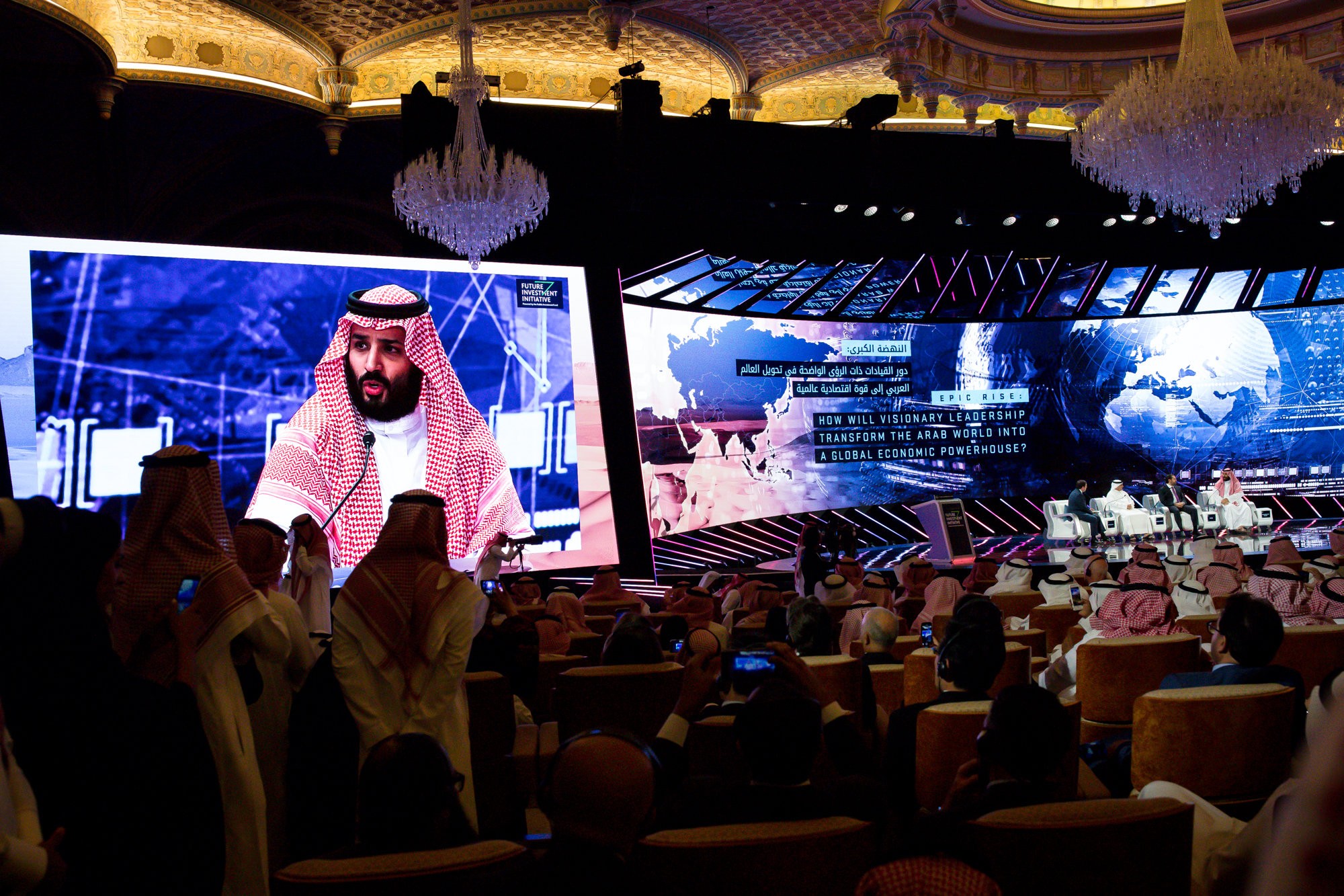Mohammed bin Salman, Saudi Crown Prince, speaking at the investors conference. Photo Credit: Tasneem Alsultan for The New York Times.