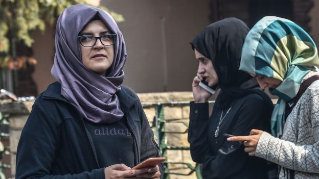 Hatice Cengiz, Khashoggi's fiancée, waiting outside the consulate for hours. Photo Credit: AFP/Getty Images.