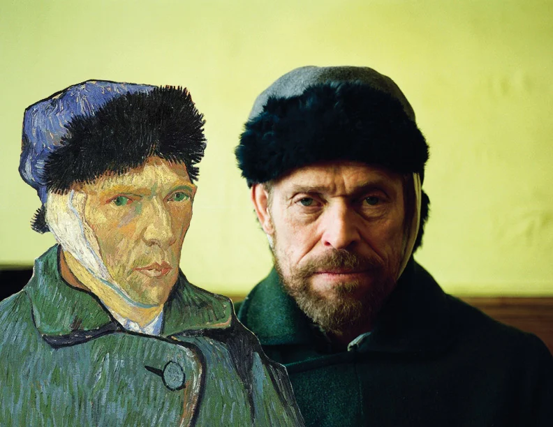 Willem Dafoe as Vincent Van Gogh in "At Eternity's Gate," side by side with Van Gogh in Self Portrait with a Bandaged Ear, 1889. Graphic by Jillian Cheney. Original still credit to CBS Films.