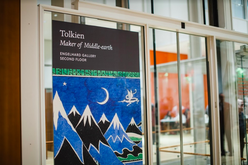 Poster of the “Tolkien: Maker of Middle-earth” exhibit hangs in the Morgan Library. || Photo credit to Elissa Esher.