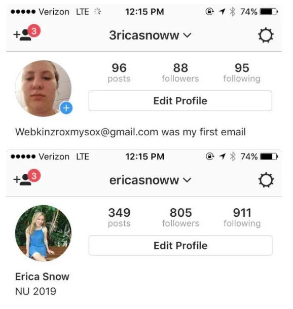 An example of a Finsta profile belonging to Erica Snow || Contributed by Erica Snow and Hannah Gillihan