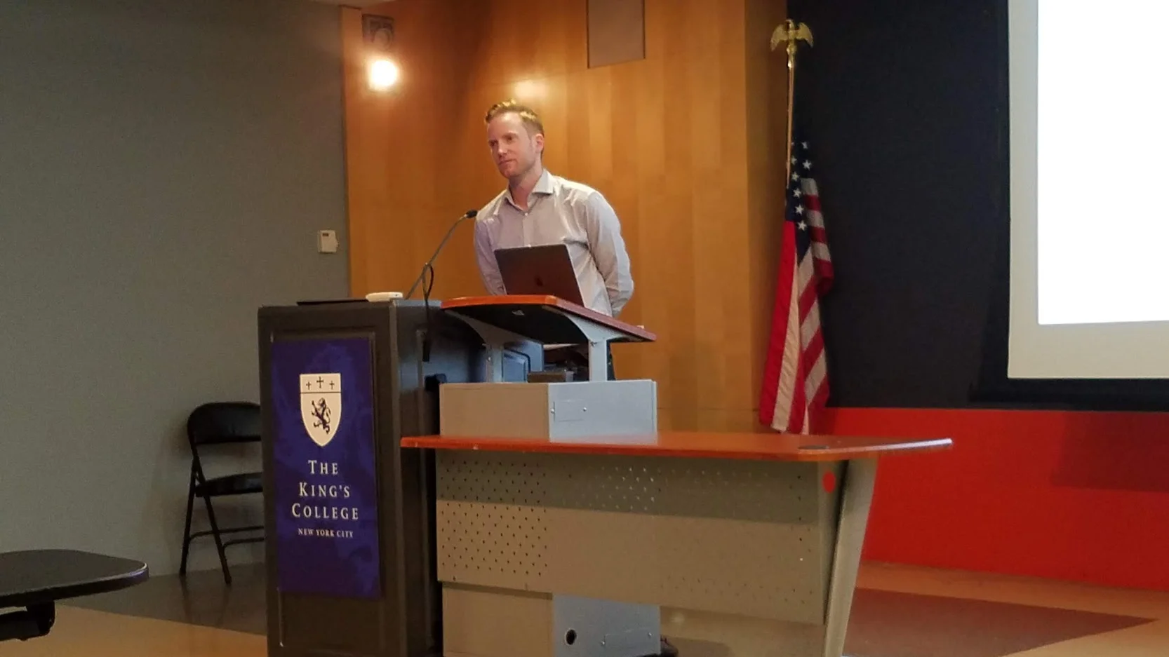 Kieran Dodds speaking at The King’s College in New York City on April 29, 2019. || Photo credit to Brendan Bell.