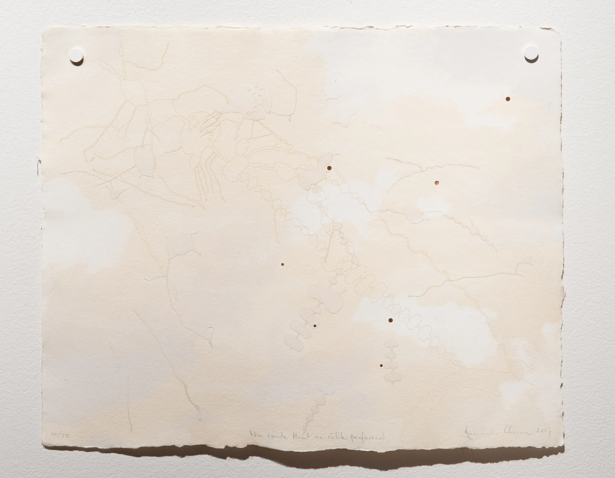 Hannah Claus, the route that ocicâhk preferred, 2017. Photographer: Paul Litherland *after consultation with Cree Language experts, Mary Collins Cardinal and Brian Scribe, the name "ocicâkh" in the title is the probable one, based on their interpretation of the original European transcription associated with the map on which this work is based. Selon Mary Collins Cardinal et Brian Scribe qui sont des experts en Cri, le nom "ocicâkh" qui apparait dans le titre est le plus probable, étant donné la transcription européenne du nom associé avec la carte originale, sur laquelle cette estampe est inspirée.