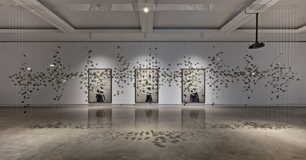 Hannah Claus, water song (2015) and Meryl McMaster, Murmur (2013) (Installation view at Robert McLaughlin Gallery 2018 Photographer: Toni Hafkenshied)