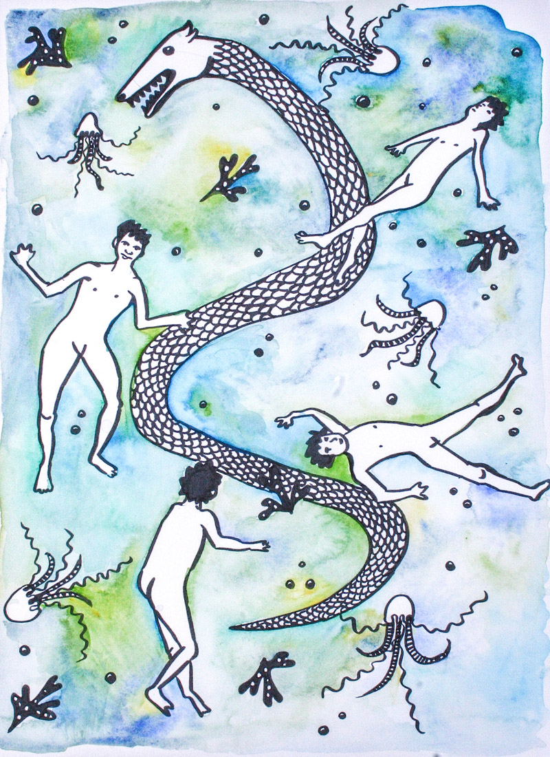 The Swimmers Commissioned book cover for Calvin Gimpelevich. 13"x18" Watercolor and pen on paper, 2017