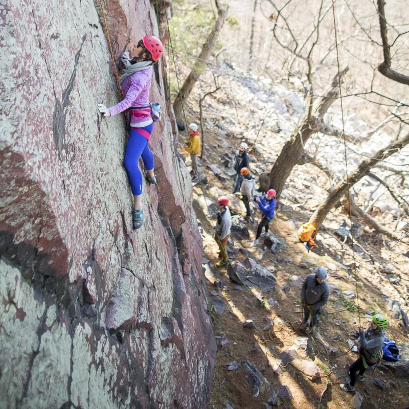 Gretchen from Rock Mill in Akron, OH climbing Alpha Centauri (5.10d) at Hawk’s Nest. Photo: Sharon Vanorny