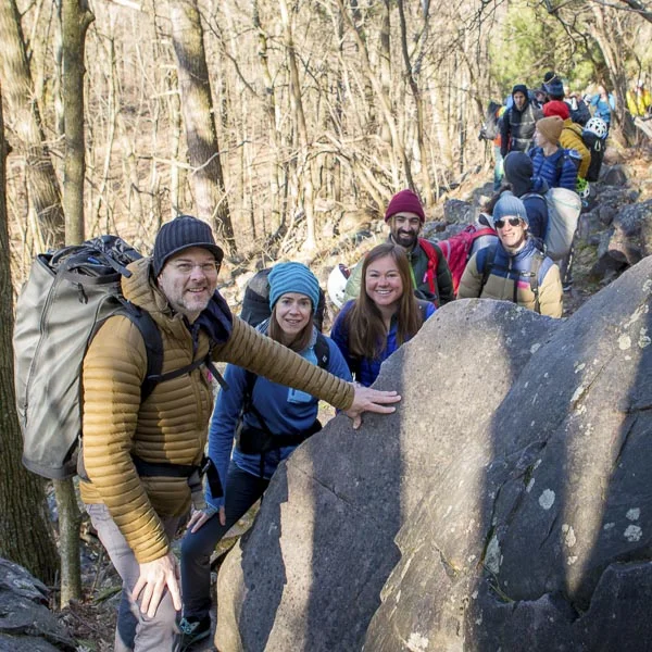 James Loveridge and the gang heading up the CCC Trail to the East Rampart. Photo: Sharon Vanorny