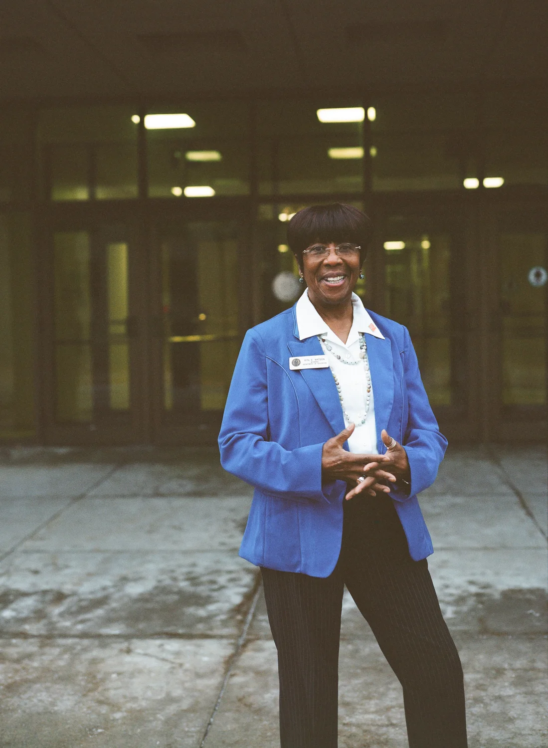 Rita Watson outside the Wyoming Department of Education in Cheyenne, Wyoming. Rita has worked for every Wyoming Superintendent of Education since 1974.