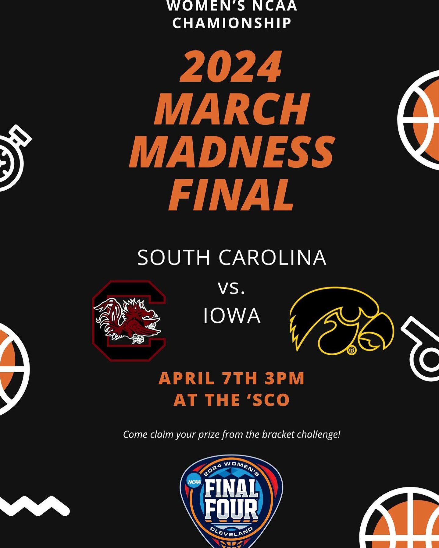 Bring your friends to watch the Women&rsquo;s Basketball NCAA Championship this afternoon hosted at the Sco! Game starts at 3pm!!