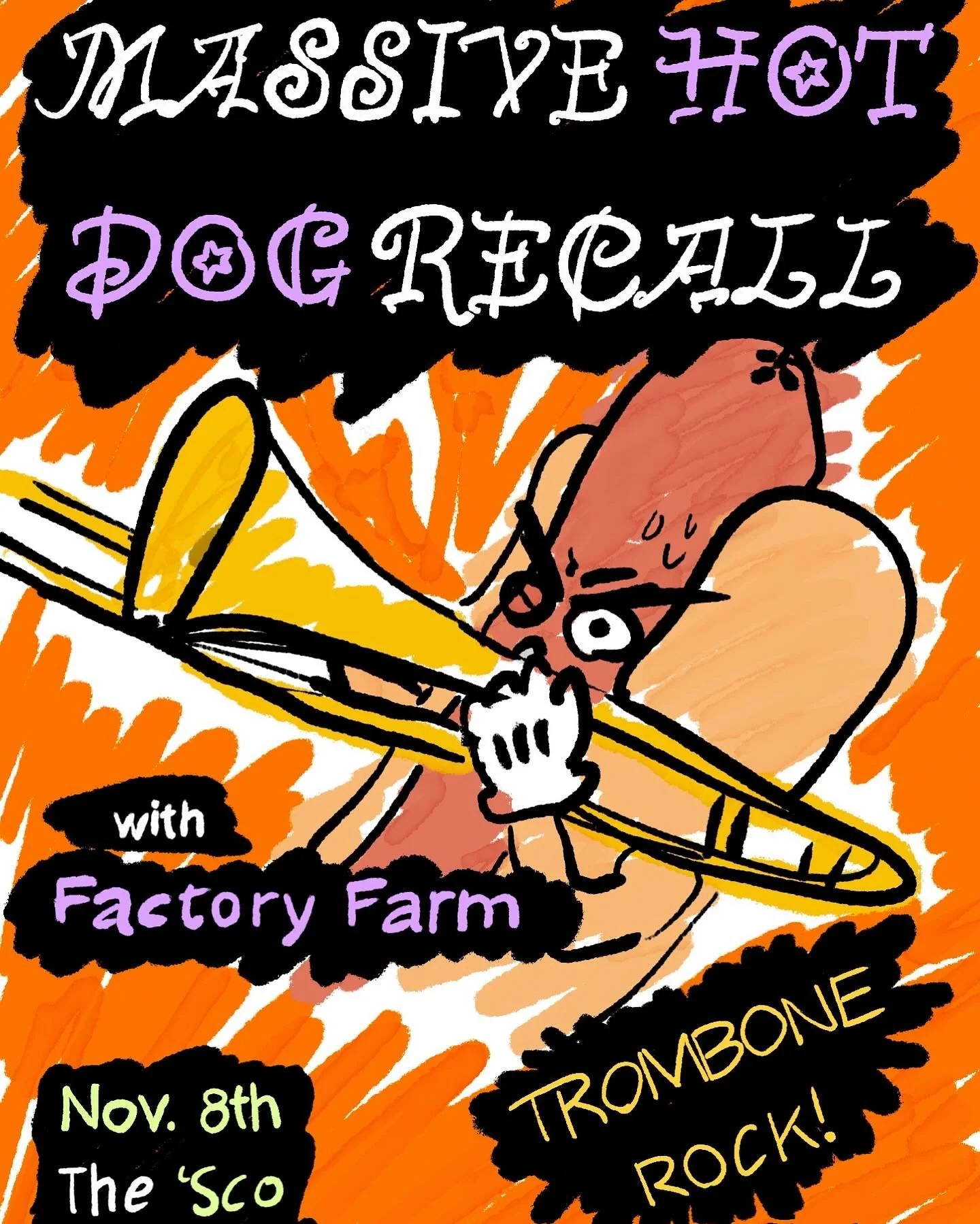 SUPC is excited to present Massive Hotdog Recall LIVE at the ‘Sco on Saturday, November 8th! They will be joined by Oberlin’s own Factory Farm. Doors at 9:30 p.m. and music at 10 p.m.
Massive Hotdog Recall is a band from Northeast Ohio k