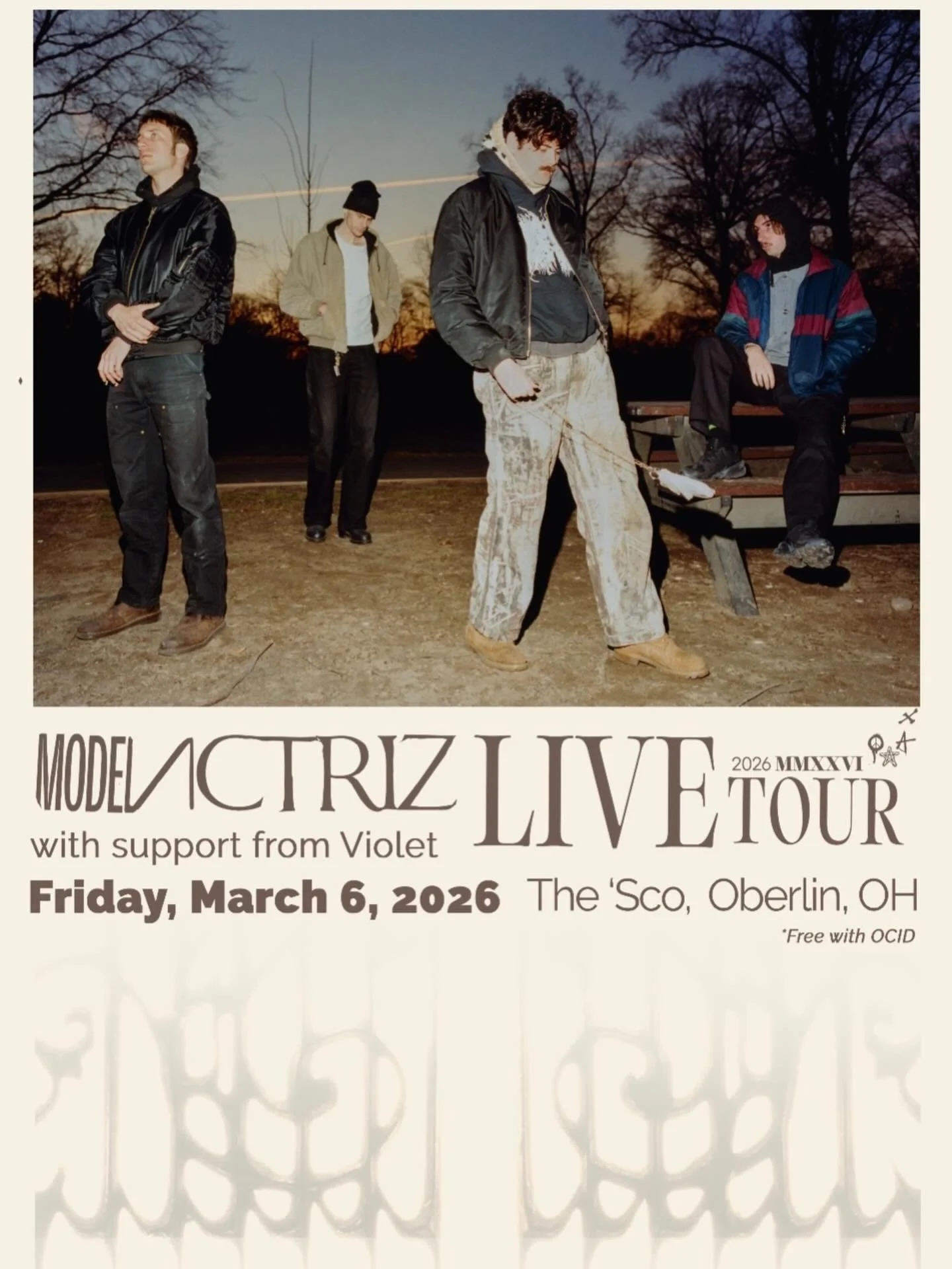 Model/Actriz, a brooklyn-based band that incorporates queer dance-punk, industrial rock, and pop, will be at the &lsquo;Sco on Friday, March 6! 
With support from Oberlin&rsquo;s own Violet, this show is not one to miss. 
Doors are at 9:30 with music