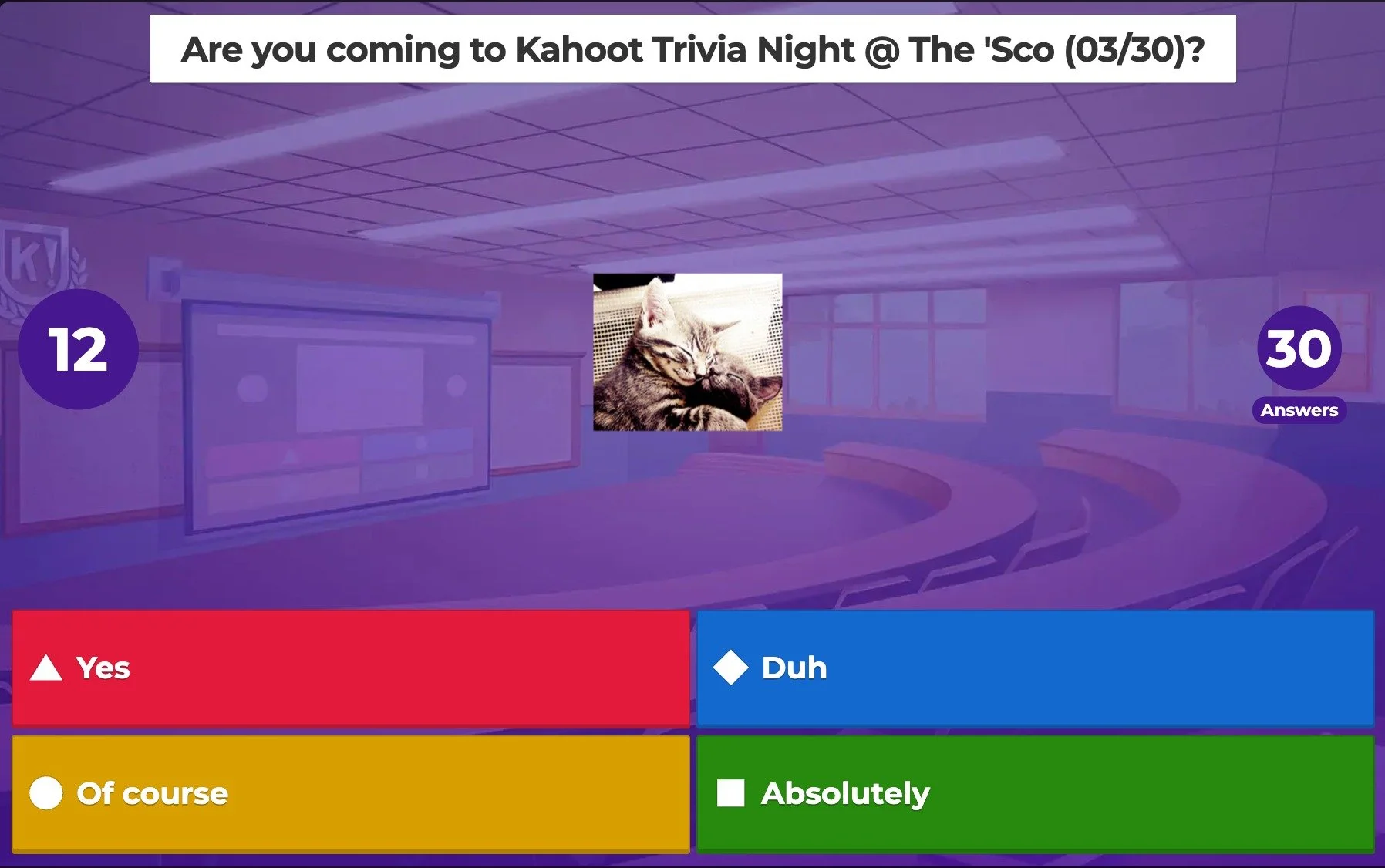 Kahoot Trivia Night tonight 3/30. Come play 🙋&zwj;♀️🙋&zwj;♂️🙋