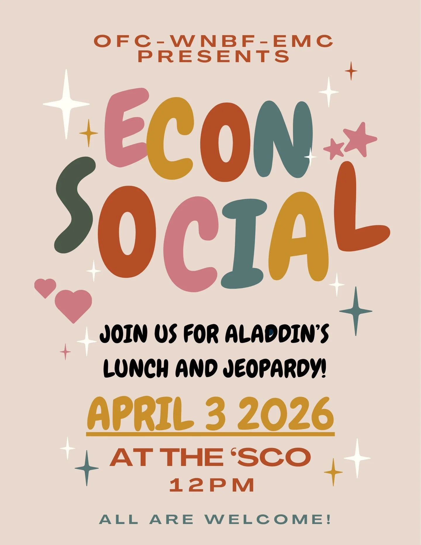 This Friday, the Oberlin Finance Committee, Economics Majors Committee, and WNBF are hosting an Econ Social at the &rsquo;Sco. We&rsquo;ll have Aladdin&rsquo;s lunch and a Jeopardy game &mdash; come by, hang out, and meet people (Econ major or not)!