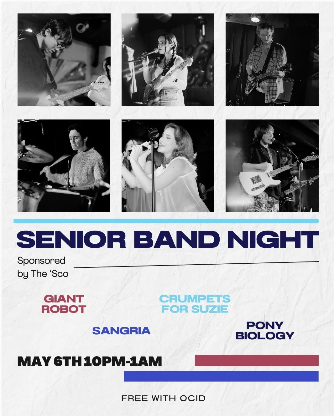 Come to The 'Sco this Wednesday, May 6th for a senior band night! Performances from Giant Robot, Sangria, Crumpets for Suzie, and Pony Biology starting at 10 pm. We'll also have pizza 🍕
