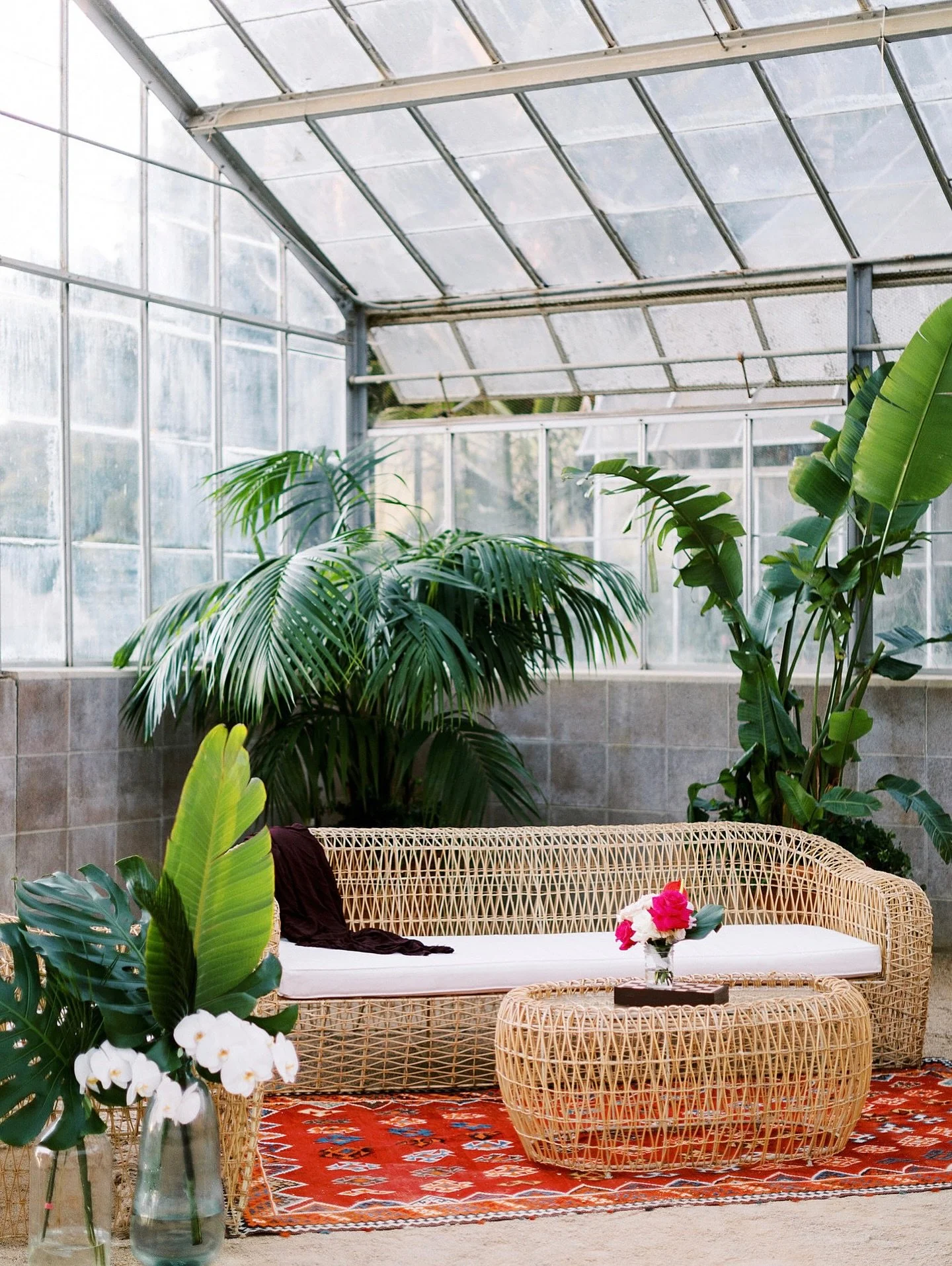 Loved this cheerful greenhouse lounge area for T&amp;A&rsquo;s Santa Barbara wedding reception! 💕 @ivy.weddingsandevents @dos_pueblos_orchid_farm @boho_chic_dreams @elaneventrentals