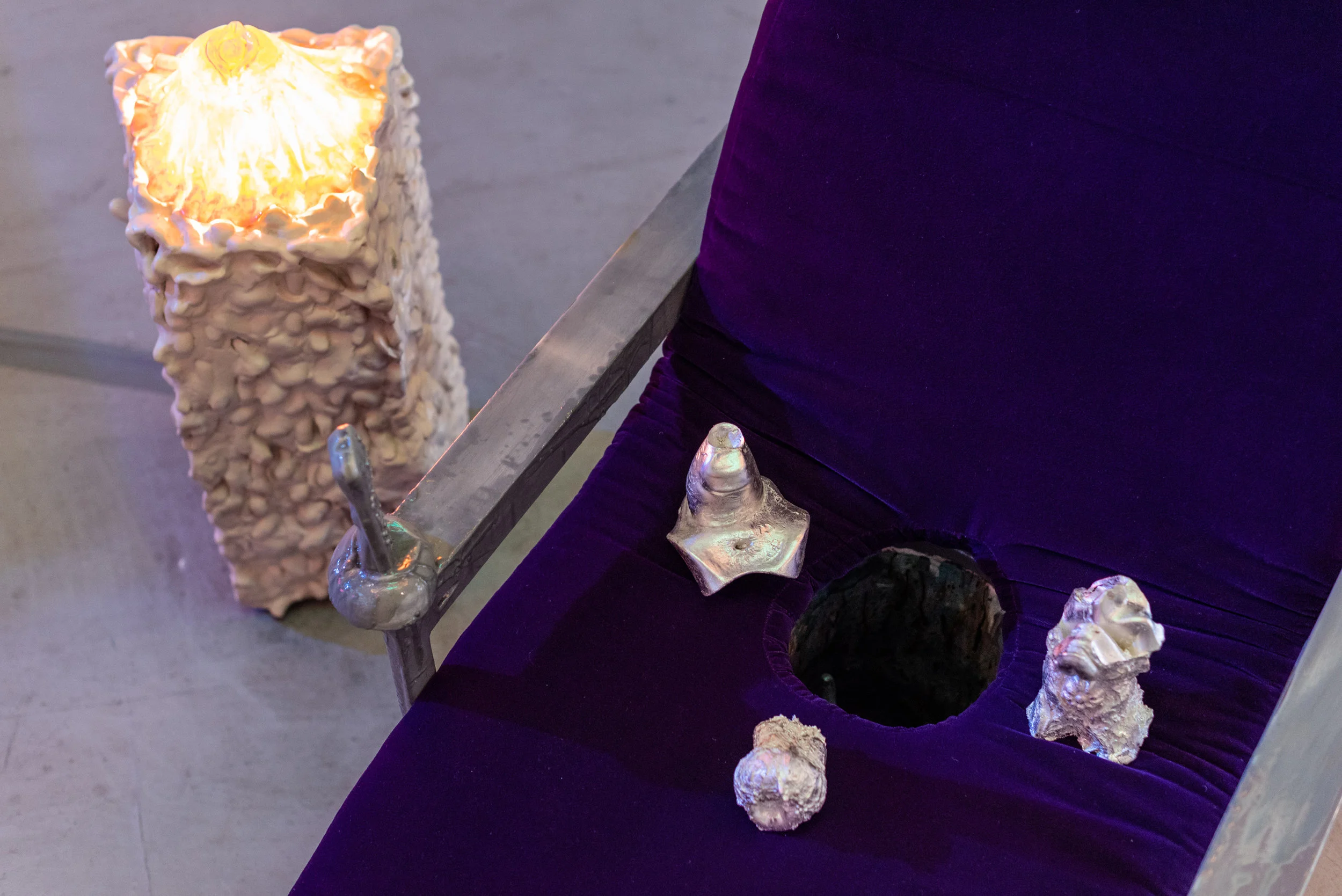 Vaginis Chair, 2018, wood, resin, velvet, foam, ceramic basin, cold-cast aluminum, soil, rocks, paint. 40 3/4" x 29 1/2" x 45 1/4" Inverted Vaginis Masturbators V,VI, VII, 2018, Cast resin, silver leaf, Dimensions variable Vaginis Lamp, 2017-2018, Hydrocal, resin, light cord, light bulb, 28 1/4" x 11 1/2" x 9"