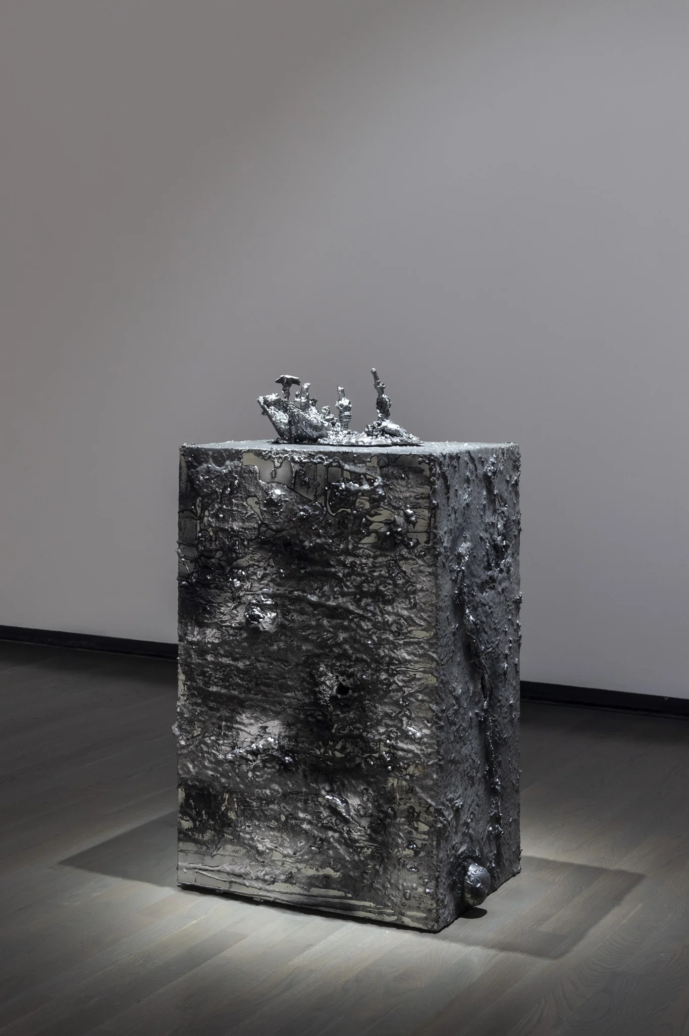 Plinth III (for Trans-Creation Relic), 2017 Cold-cast aluminum, resin, rocks, spray paint, latex paint, wood 78.74 cm x 38.10 cm x 55.88 cm