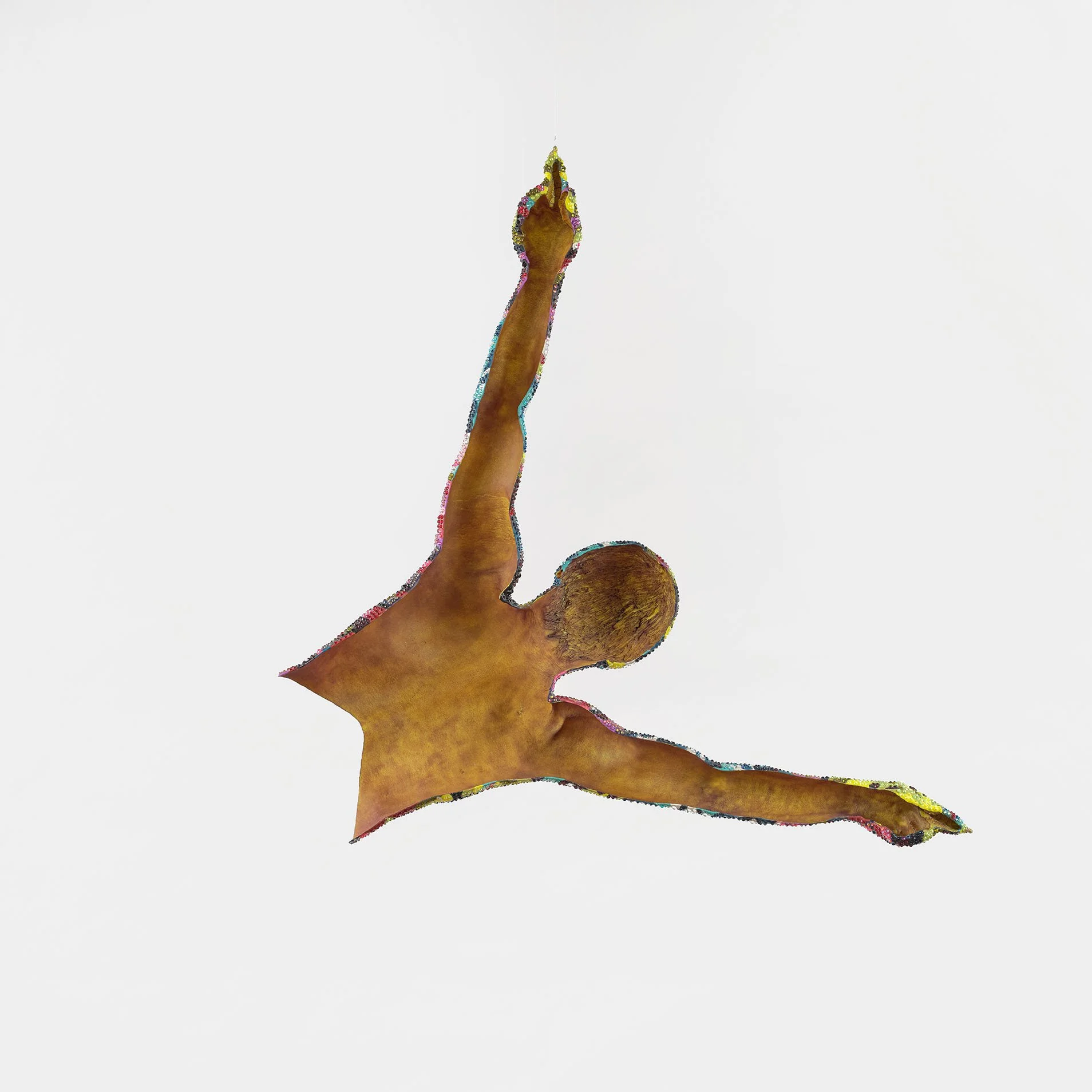  To Refuse Turning Away From Our Transitioning Bodies (Jay, Holding), 2026 36 x 52 ¼ x 10 in Glitter, urethane and epoxy resins, acrylic, glass and resin rhinestones, wax pigment, steel hardware, polyester rope   