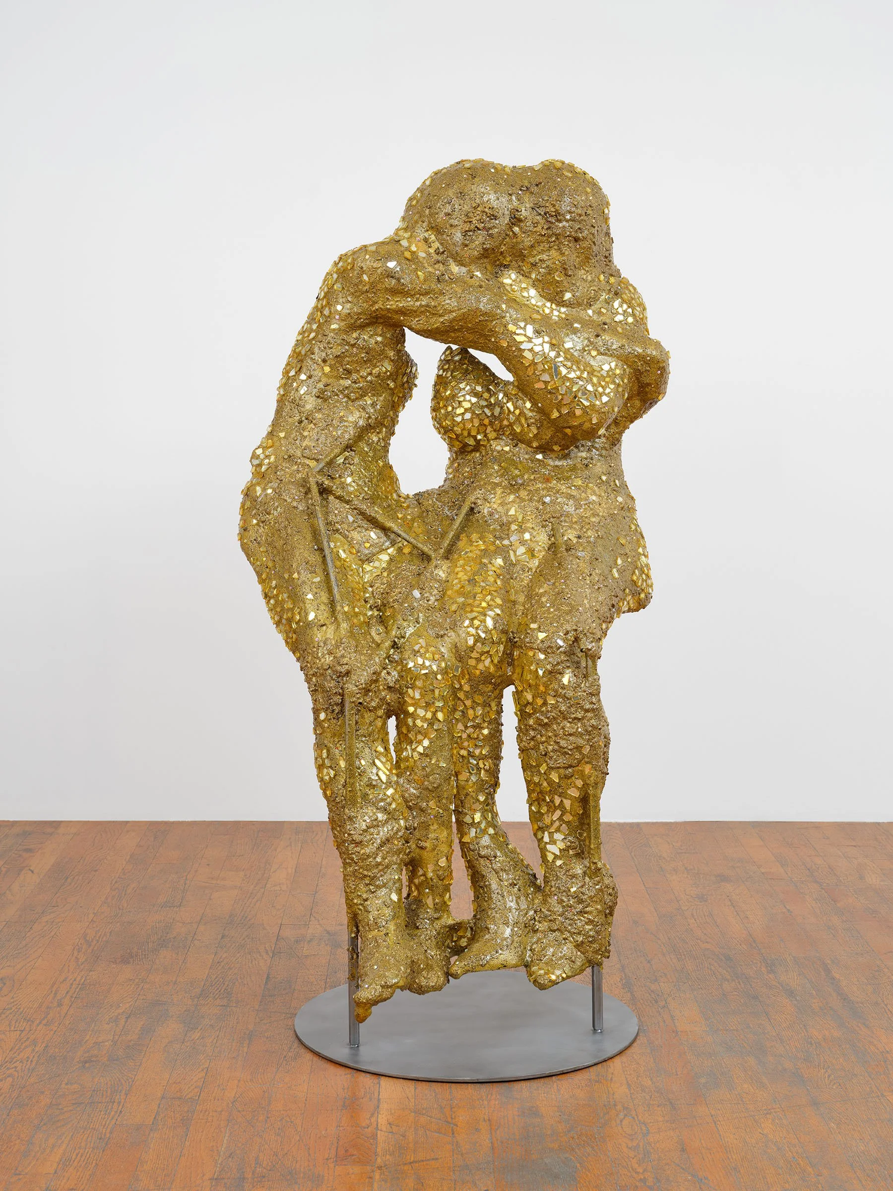  Curing, Shimmering, Together (SJ and Young), 2026 61 ½ x 32 x 33 in Glitter, urethane and epoxy resins, dirt, rocks, glass mirrors, glass rhinestones, wax pigment, steel armature and base 
