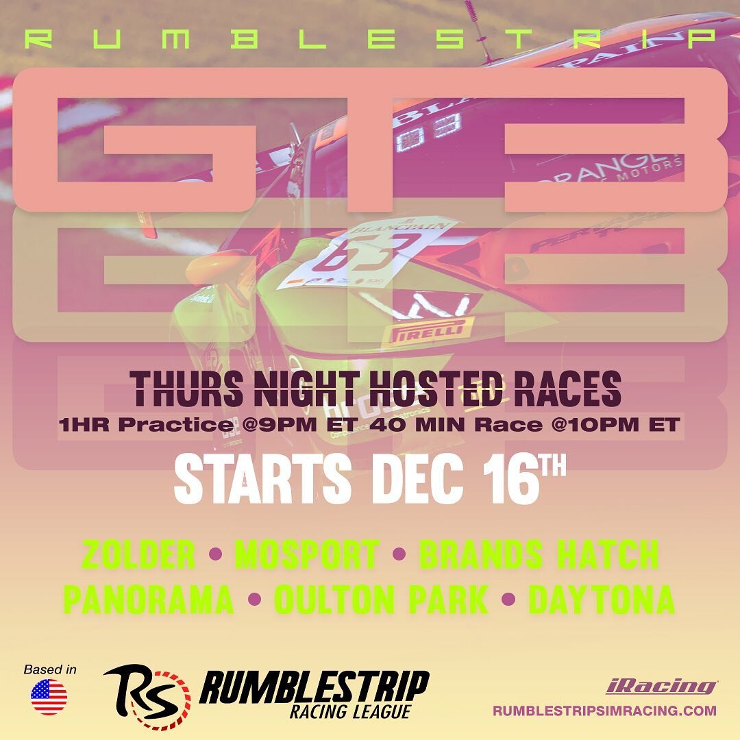 Tonight! 🚨 Rumblestrip racing league  returns to its #GT3 roots! You know the rest. See you on track! 

Join us for our iRacing league sim races, Thursday nights at 9pm. 
Just look for &quot;Rumblestrip&quot; in Hosted sessions, Thursday nights at 9