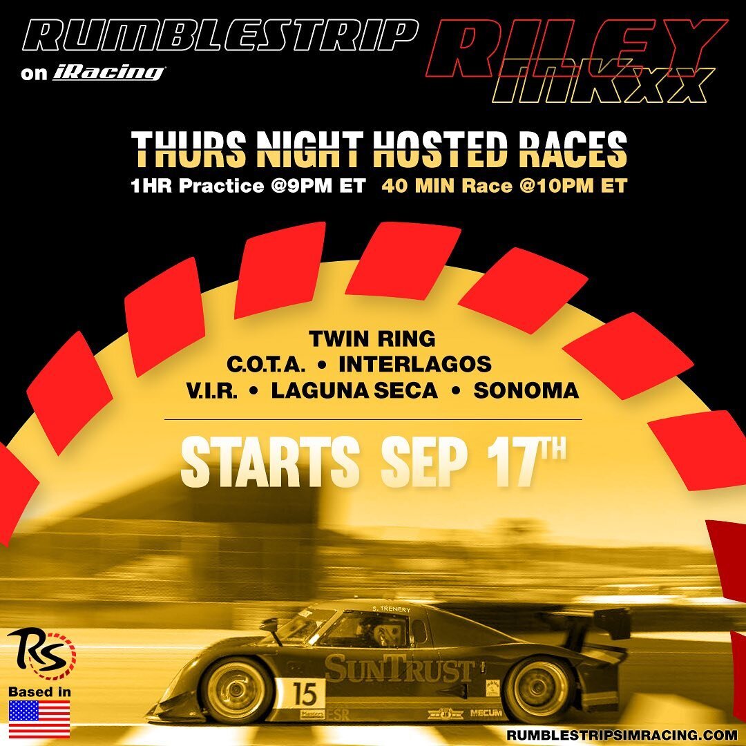 We&rsquo;re back with a new season of hosted league racing on Thursday nights. 🌙 
This time we&rsquo;re in the retired Riley DP for 6 tracks! See you there. 

Join us for our iRacing league sim races, Thursday nights at 9pm. 
Just look for &quot;Rum