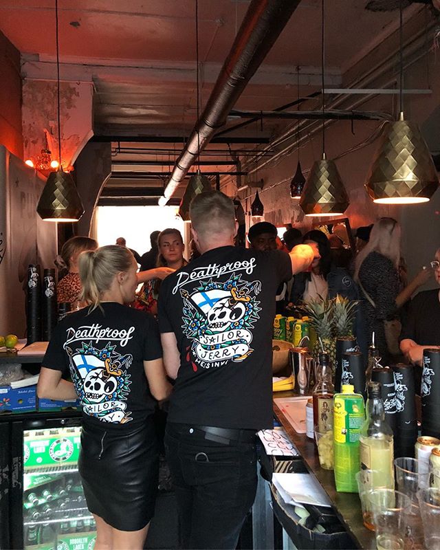 A little behind the bar snap from the Helsinki All In event with @sailorjerry Did you manage to snap up one of our super limited  @deathproofbar x @sailorjerry Helsinki shirts ? Design by our main squeeze @steen_jones #deathproofbar #deathproofhelsin