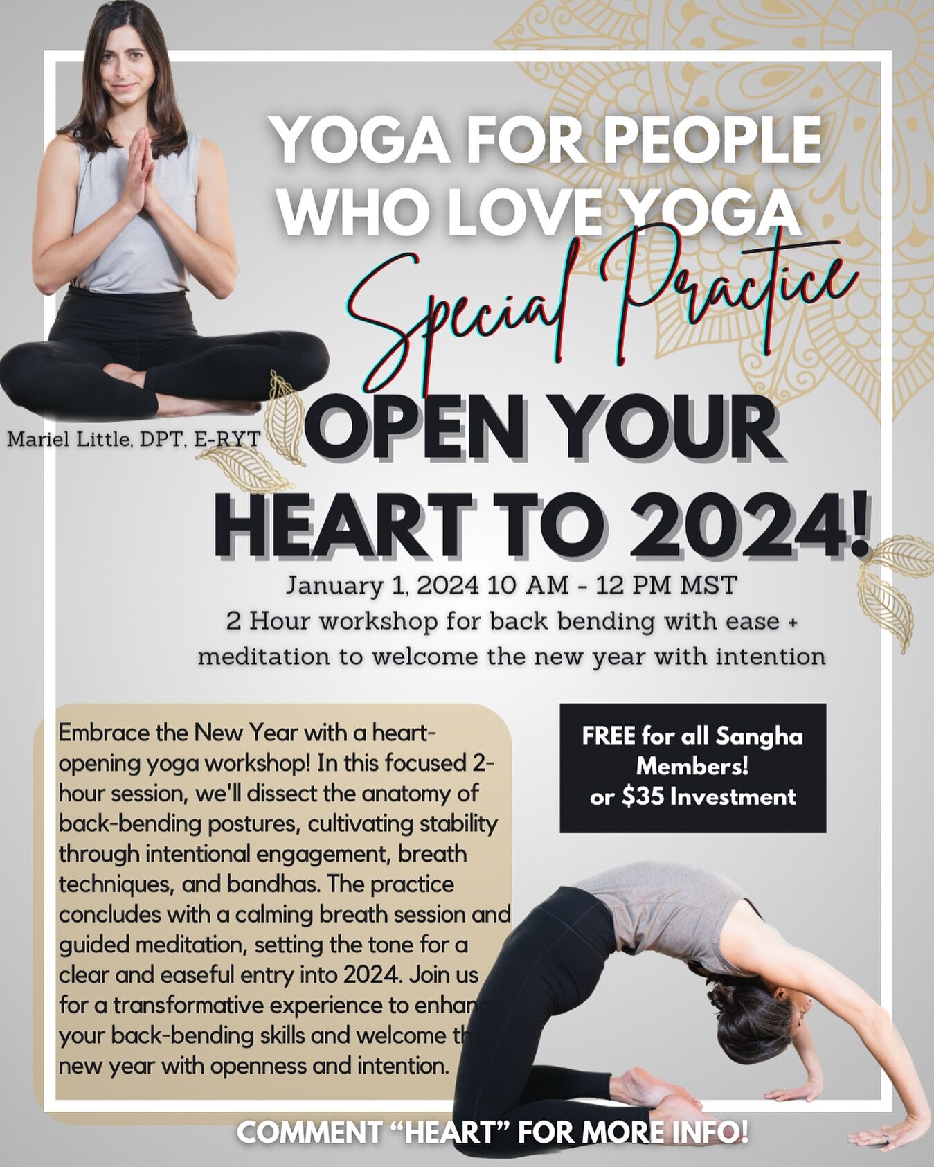 🎉 Special Workshop + Masterclass 🎉Embrace the New Year with a heart-opening yoga workshop! 

In this focused 2-hour session, we'll dissect the anatomy of back-bending postures, cultivating stability through intentional engagement, breath techniques
