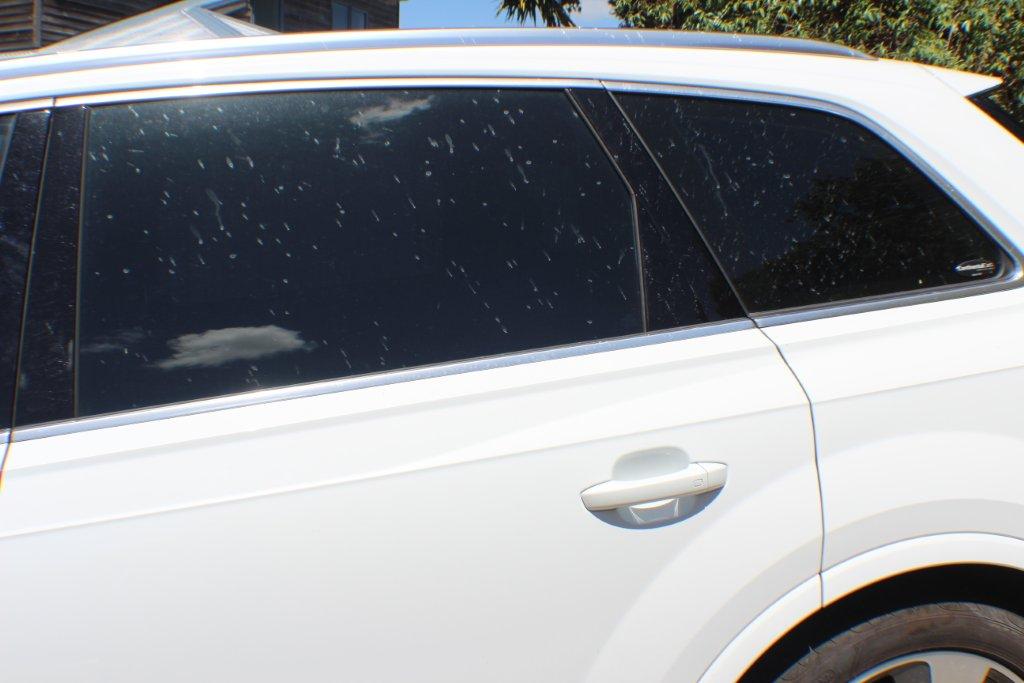 Car with lime splashes on rear door and windows