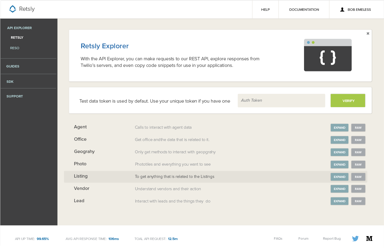Main api explorer page with all endpoints shown