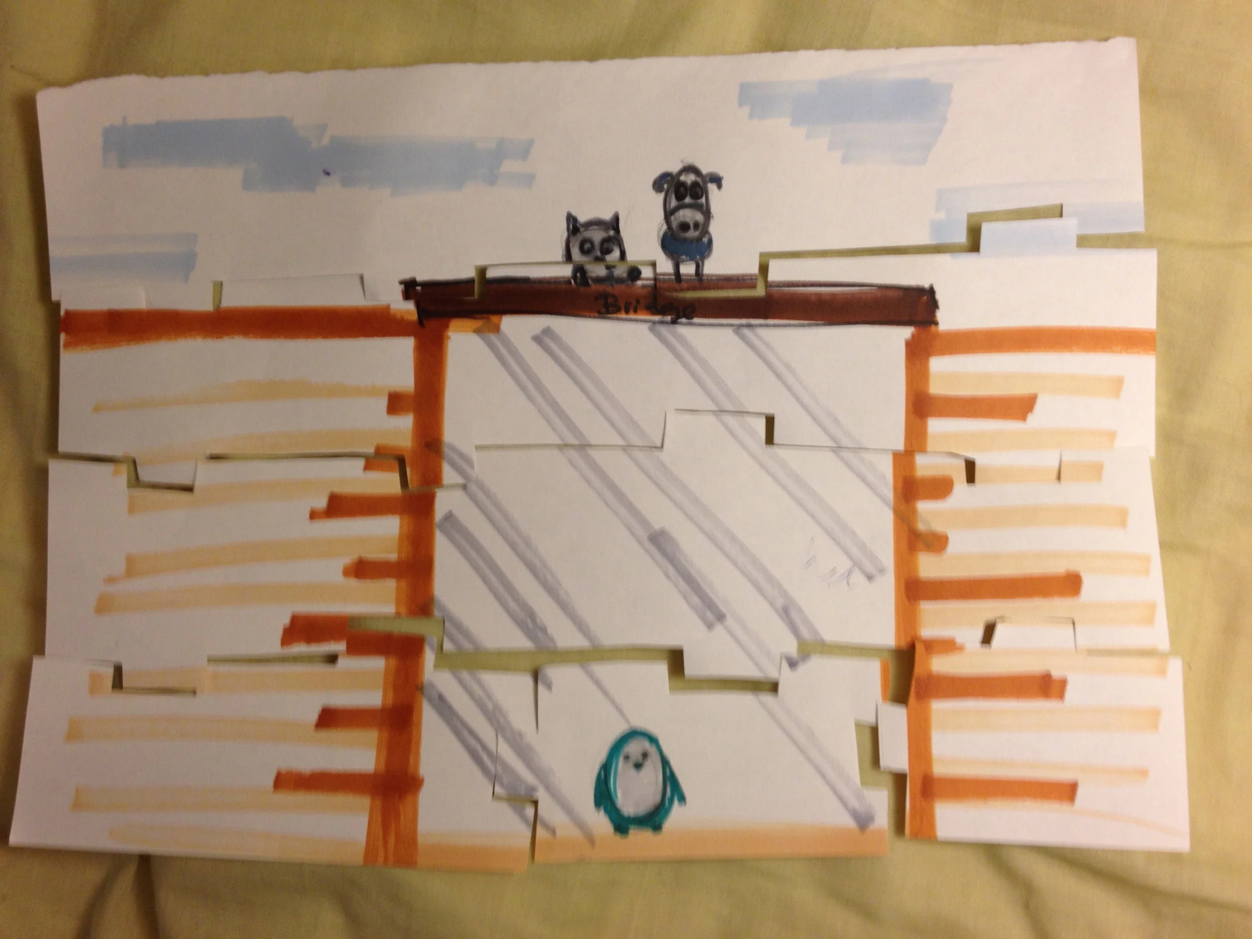 Using simple paper cut outs, we came up with the storyline of Pony Pony Dog, why they existed.