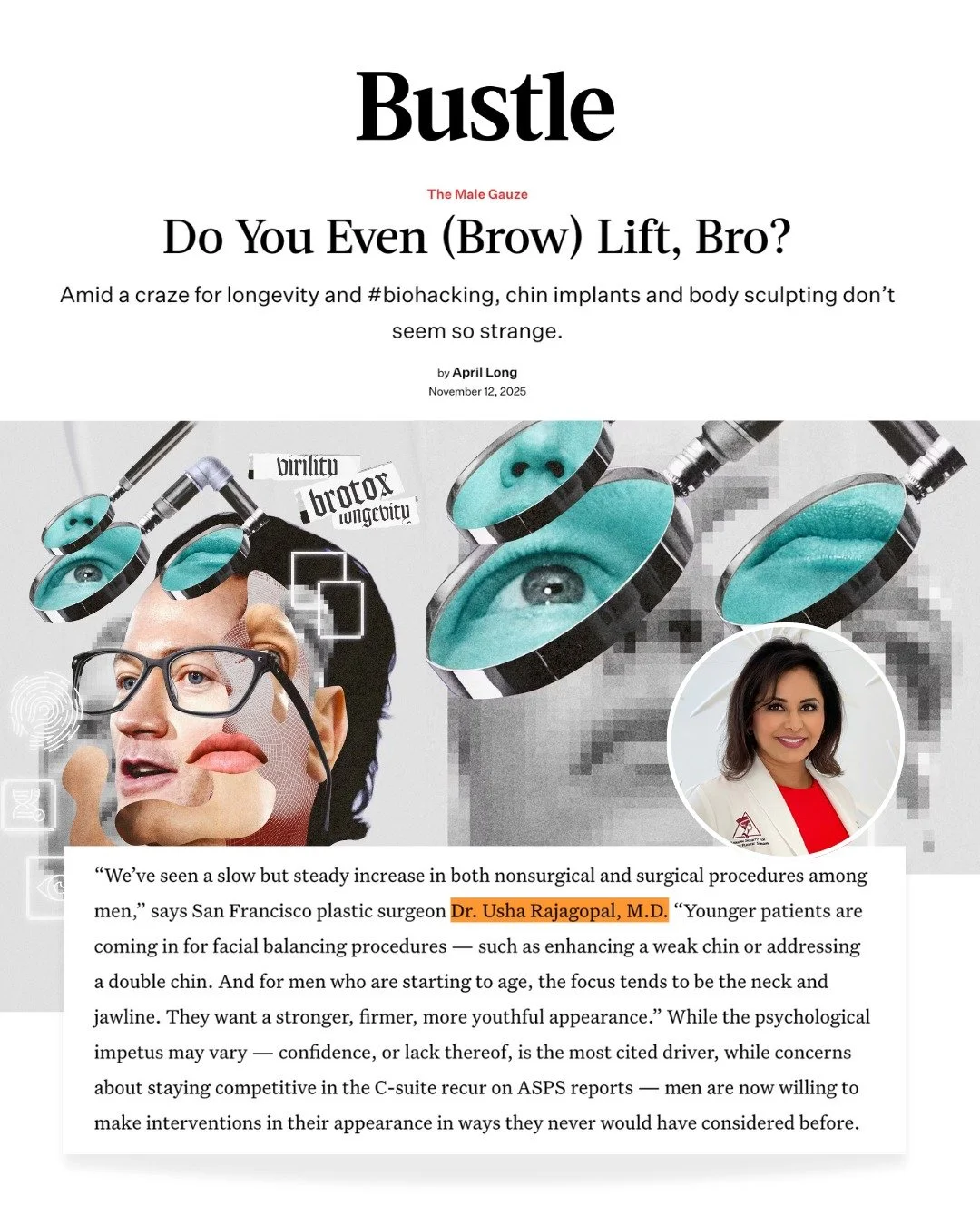 Longevity, biohacking, and a better jawline. Men want results that look like them on their best day, not a different face. Grateful to chat with @bustle about subtle tweaks to the chin, neck, and jawline that help men look refreshed, not done. Thank 