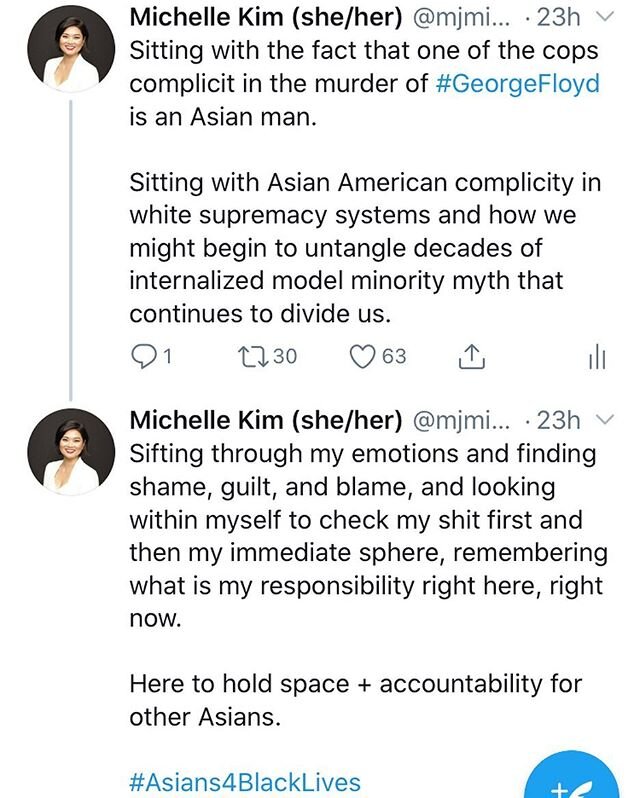 Sitting with the fact that one of the cops complicit in the murder of #GeorgeFloyd is an Asian man. 
Sitting with Asian American complicity in white supremacy systems and how we might begin to untangle decades of internalized model minority myth that