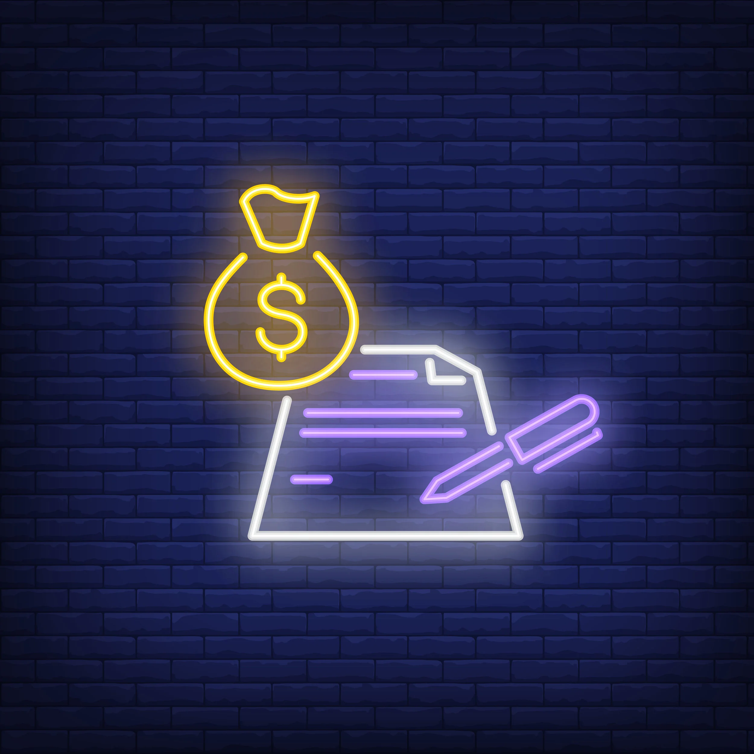 Money bag with contract and pen neon sign