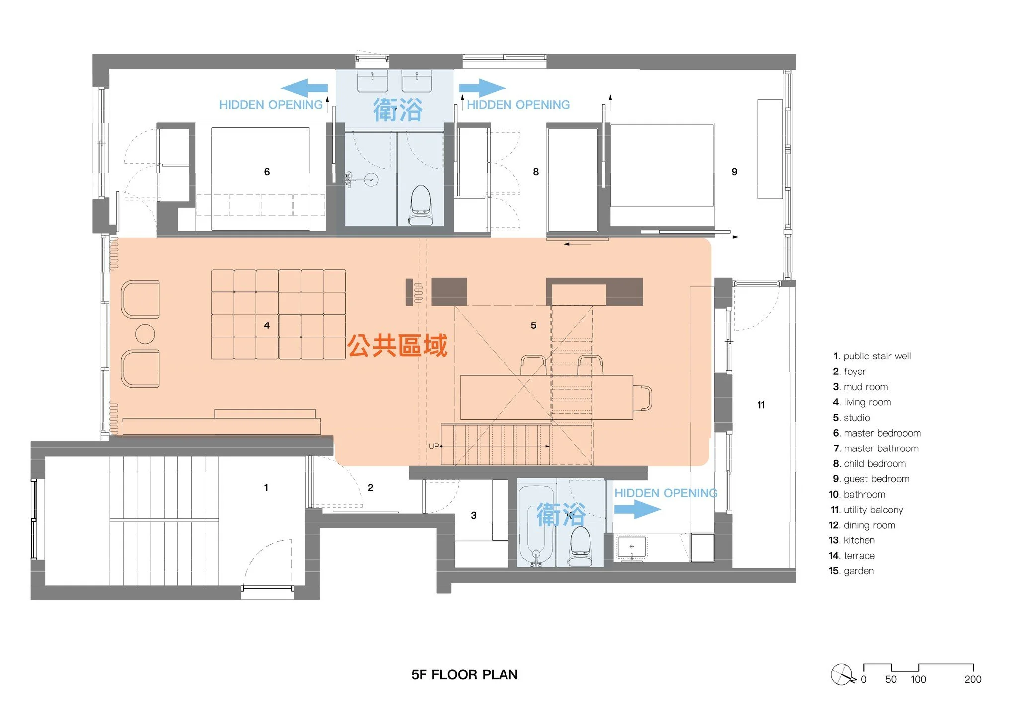 ｜衛浴門直對客廳總讓人不安心？只要把開口轉個方向，就能化解日常的心理壓力。

為了節省走道坪數，一般住宅常將衛浴門直接開向客餐廳。但這種「開門見客」的配置，容易在生活中製造微小的尷尬，也帶來無形的壓力&mdash;&mdash;特別是作為客人時，聲音與氣味的傳遞總讓人難以放鬆。

本案在平面規劃上，透過改變門的面向，讓所有衛浴都避開了主要生活區域的直視。

▪️ 藏在轉角後的隱蔽 

將衛浴出入口收攏在側邊廊道或轉角處。無論坐在客廳沙發、中島書桌前或主臥床上，都不會直接看見衛浴的門，自然也避開了