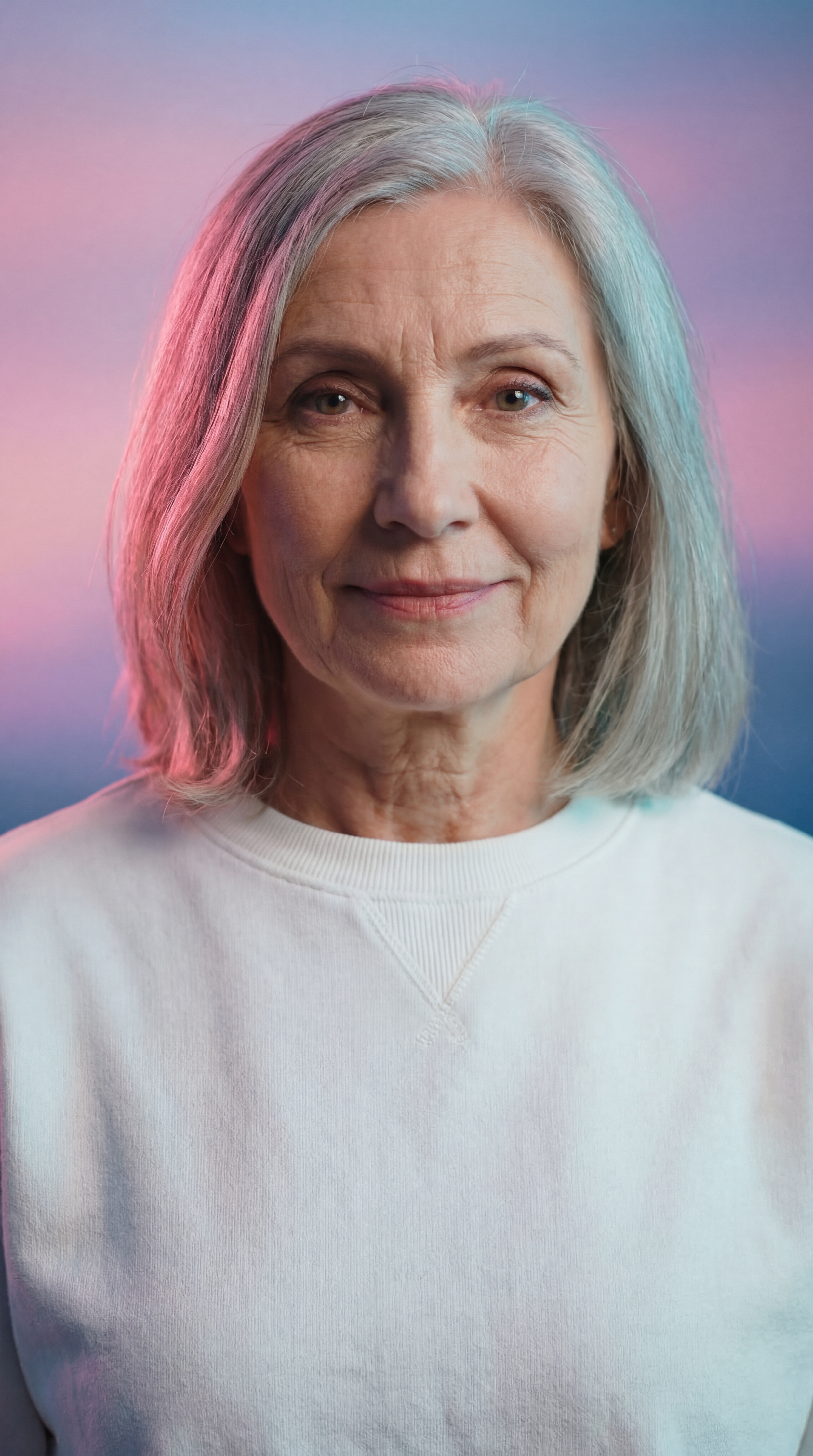 Portret van een oudere vrouw met grijs haar die lacht, witte trui, met een kleurrijke achtergrond.