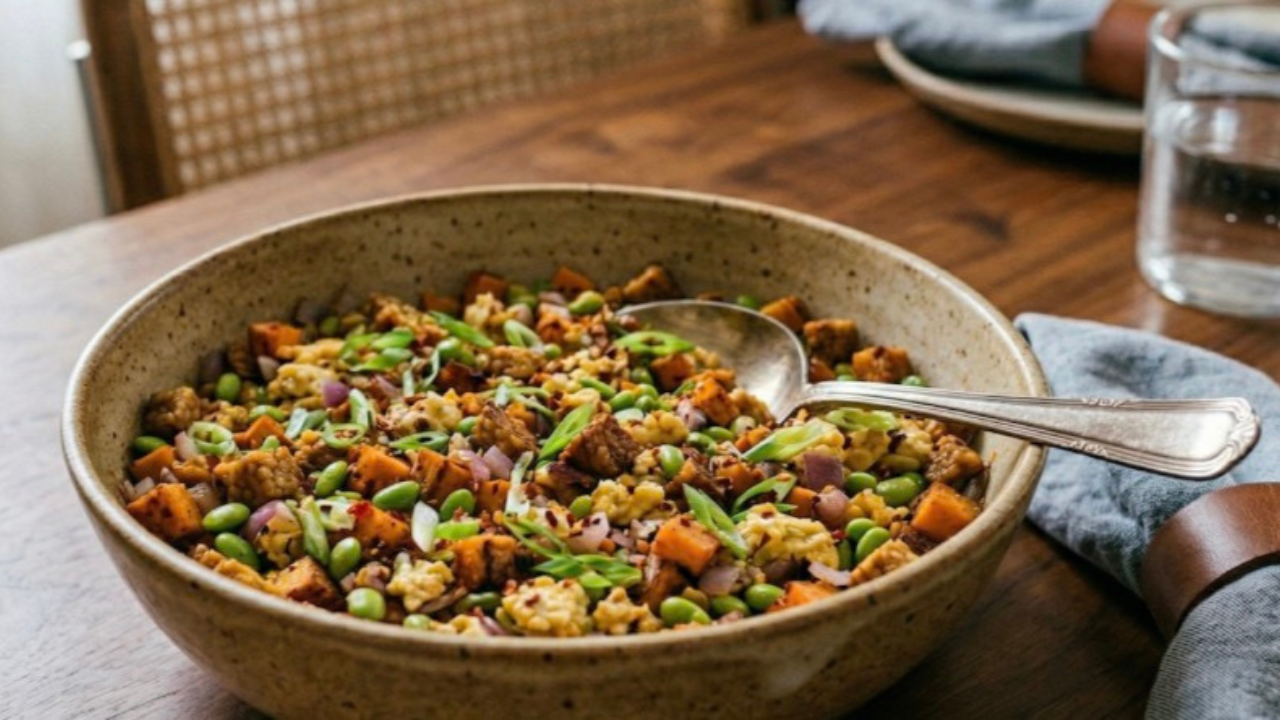 🌱 One-Pan Tempeh, Sweet Potato &amp; Edamame Hash