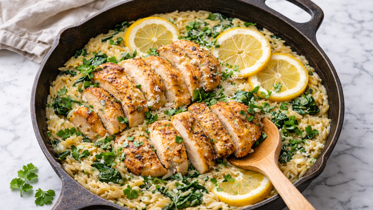 One Pan Lemon Orzo with Chicken and Spinach