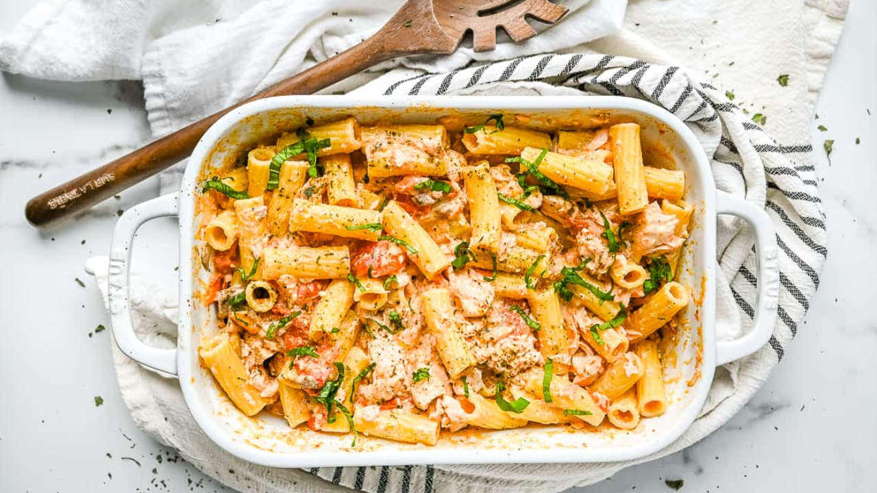 Creamy Salmon, Feta & Tomato Pasta Bake