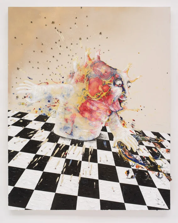 Marlène Mocquet Théâtre de clair obscur - 2012 Acrylique, résine, leurres de pêche, bombe paillettée, bombe aérosol, huile 200 x 160 cm