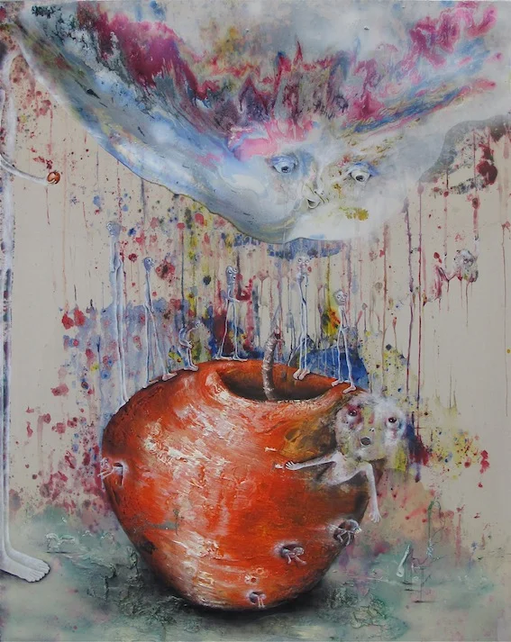 Marlène Mocquet, La pomme monde - 2014 Ré́sine vinylique, ré́sine époxy, émail à froid, huile, spray aérosol et fil sur toile, 200 x 160 x 6 cm