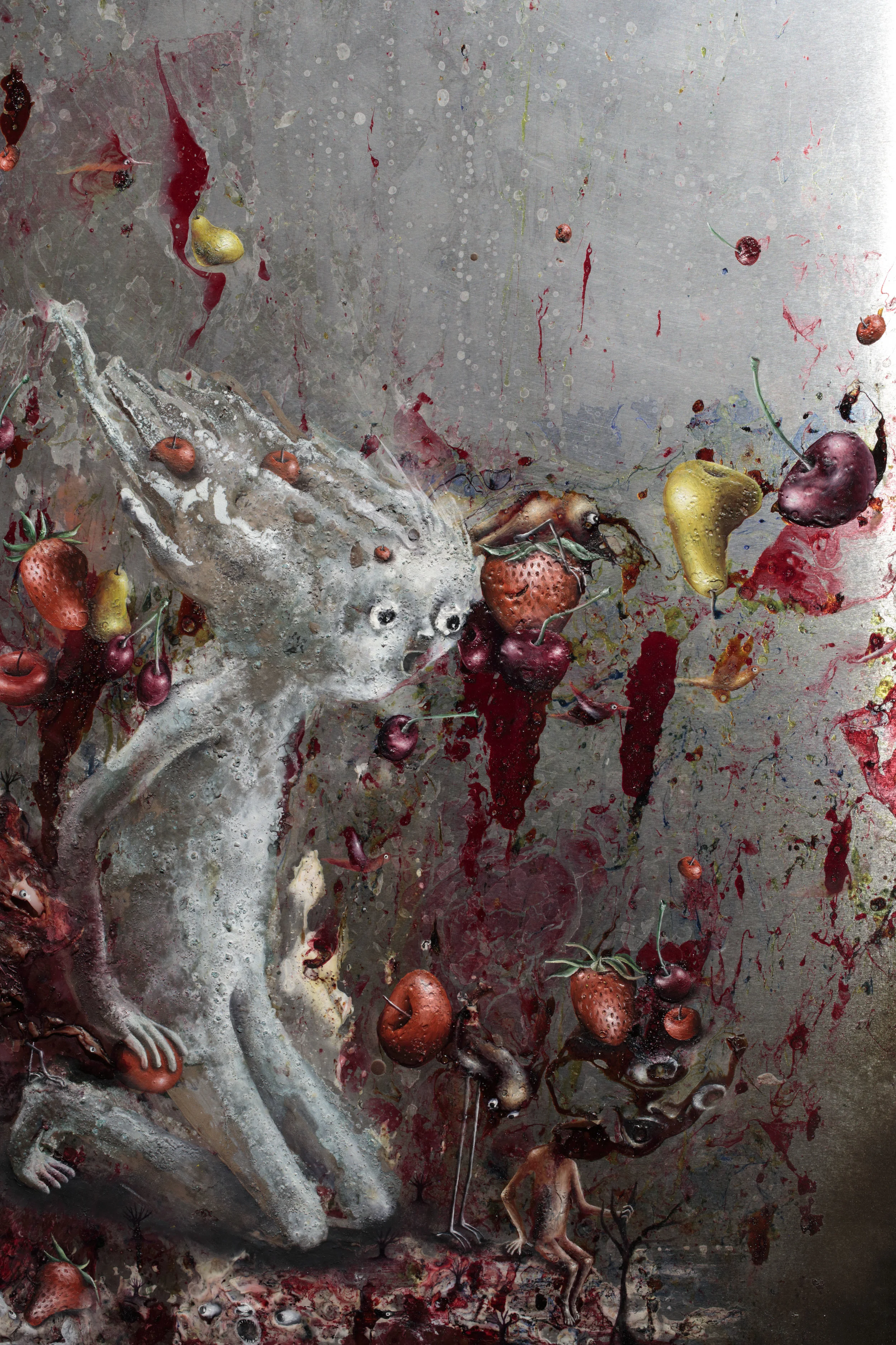   Mange moi,&nbsp; 2016, huile poudre de bronze eau de javel glycéro émail à froid bombe aérosole gesso sur aluminium, 70 x 65 cm 