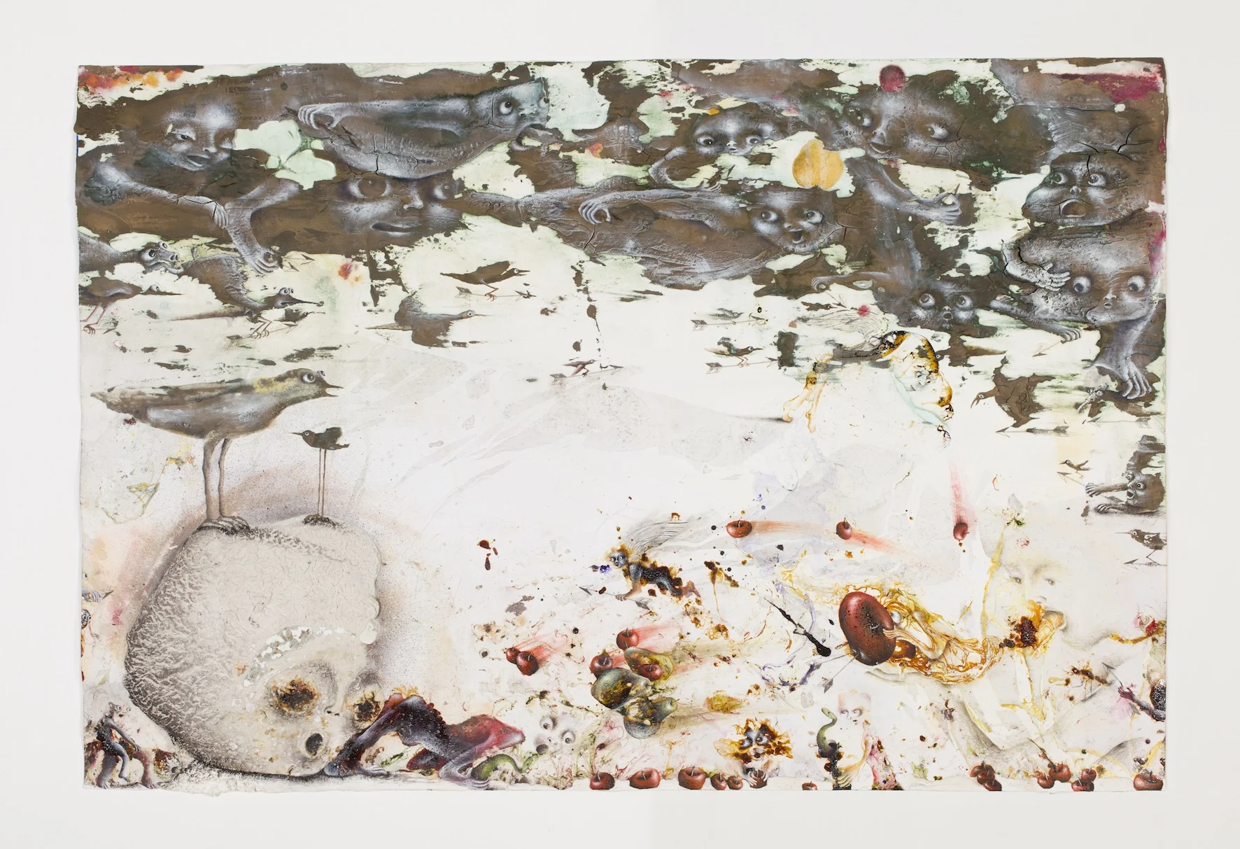 Coup en flèche, 2016, Email à froid, huile, plâtre, métal, crayon de couleur, décalcomanie sur papier, 40 x 59,5 cm