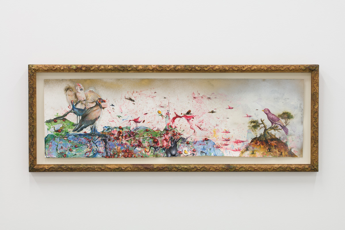 Papegeai, 2016, émail à froid, huile, résine acrylique, bombe aérosole, décalomanie sur papier, 29 x 97 cm