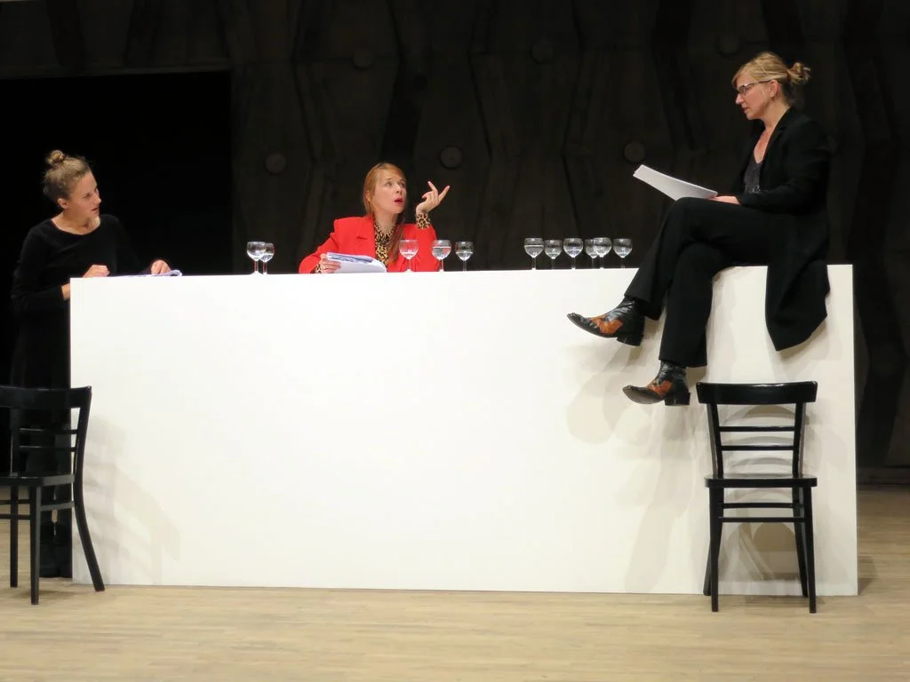 Claude Closky, ‘Private View’, 2006-11, staged by Yves Lefebvre, STUK, Leuven, 2012. View of excerpt 5, Dolores Bouckaert as Jenny, Vanja Maria Godée as Ghada, Ina Geerts as Tracey “(...) the milk is no milk, the nipple no breast (...)”.jpg