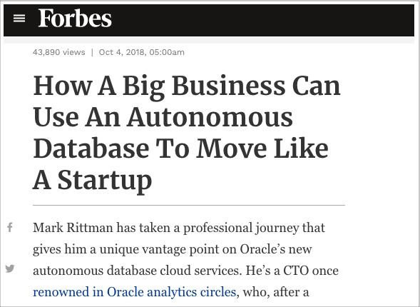 “How A Big Business Can Use An Autonomous Database To Move Like A Startup” — Forbes.com